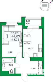 1-к квартира, вторичка, 44м2, 10/24 этаж