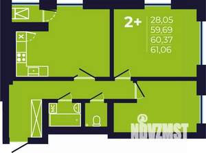 2-к квартира, строящийся дом, 61м2, 17/25 этаж