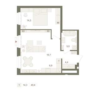 1-к квартира, вторичка, 49м2, 7/25 этаж