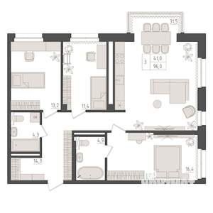 3-к квартира, вторичка, 96м2, 12/18 этаж