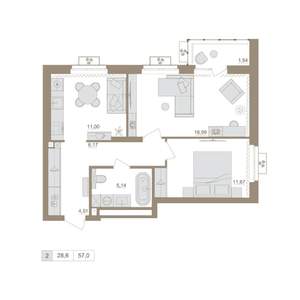 2-к квартира, вторичка, 57м2, 15/25 этаж