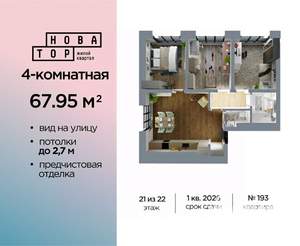 4-к квартира, вторичка, 68м2, 21/22 этаж