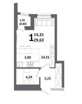Студия квартира, вторичка, 30м2, 12/21 этаж