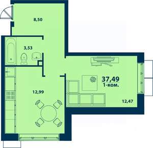 1-к квартира, строящийся дом, 37м2, 2/24 этаж