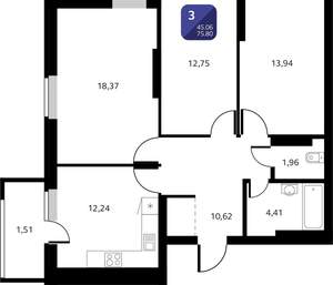 3-к квартира, вторичка, 76м2, 4/25 этаж