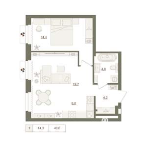 1-к квартира, вторичка, 49м2, 8/25 этаж