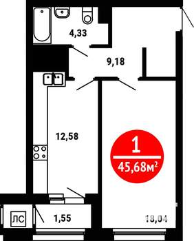 1-к квартира, вторичка, 46м2, 9/25 этаж