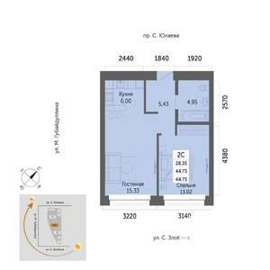 2-к квартира, вторичка, 45м2, 19/32 этаж