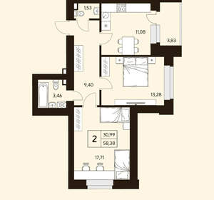 2-к квартира, вторичка, 58м2, 1/10 этаж