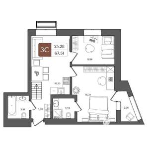 3-к квартира, строящийся дом, 68м2, 12/21 этаж