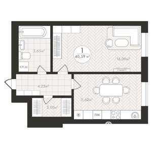 1-к квартира, строящийся дом, 41м2, 12/24 этаж