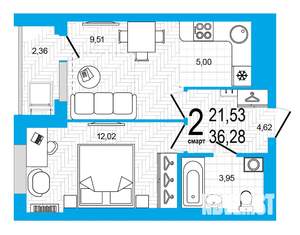 2-к квартира, строящийся дом, 36м2, 8/25 этаж