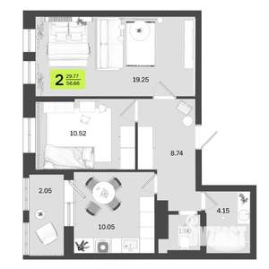 2-к квартира, сданный дом, 57м2, 13/14 этаж