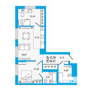 2-к квартира, вторичка, 70м2, 25/26 этаж