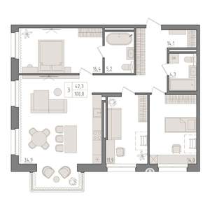 3-к квартира, вторичка, 101м2, 15/18 этаж