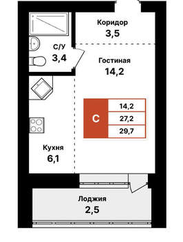 1-к квартира, вторичка, 30м2, 4/8 этаж