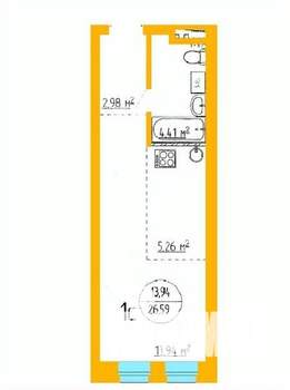 1-к квартира, строящийся дом, 27м2, 7/16 этаж