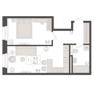 1-к квартира, вторичка, 47м2, 2/5 этаж