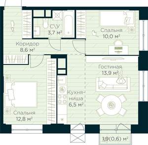 2-к квартира, строящийся дом, 56м2, 10/30 этаж