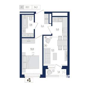2-к квартира, вторичка, 34м2, 3/22 этаж