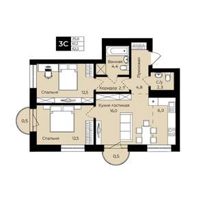 2-к квартира, вторичка, 62м2, 6/25 этаж