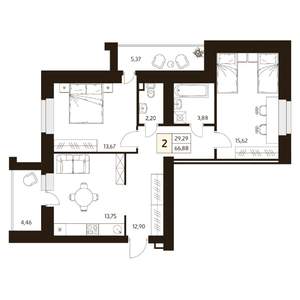 2-к квартира, строящийся дом, 67м2, 7/10 этаж