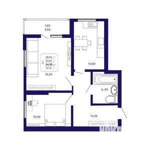 2-к квартира, строящийся дом, 54м2, 1/25 этаж