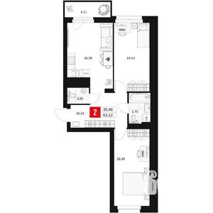 2-к квартира, вторичка, 65м2, 3/15 этаж