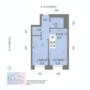 2-к квартира, вторичка, 48м2, 11/22 этаж