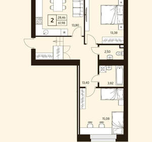 2-к квартира, вторичка, 62м2, 1/10 этаж