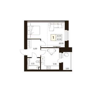 1-к квартира, строящийся дом, 42м2, 6/10 этаж