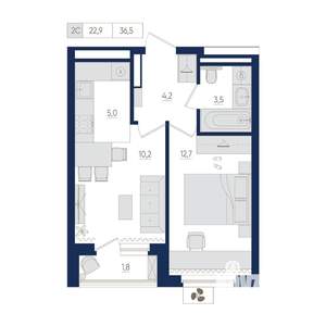 2-к квартира, вторичка, 37м2, 13/22 этаж