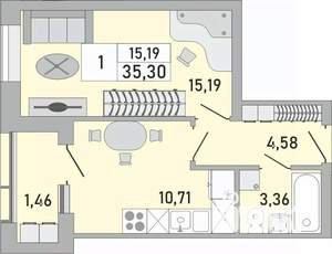 1-к квартира, строящийся дом, 35м2, 24/24 этаж