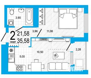 2-к квартира, строящийся дом, 36м2, 25/26 этаж