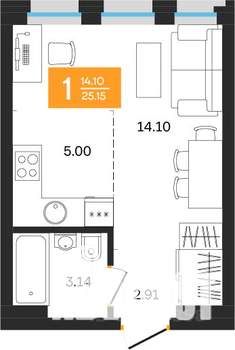 1-к квартира, вторичка, 25м2, 12/25 этаж