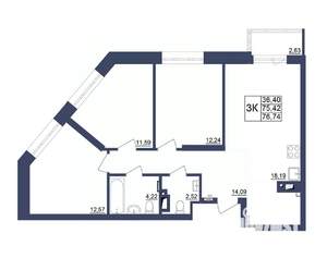 3-к квартира, строящийся дом, 77м2, 13/34 этаж