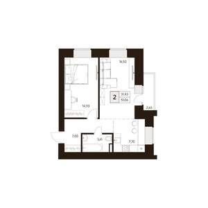 2-к квартира, строящийся дом, 51м2, 11/17 этаж