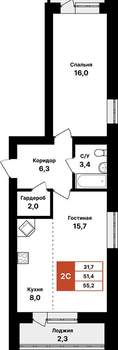 2-к квартира, вторичка, 55м2, 7/8 этаж