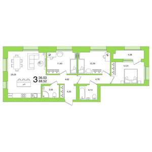 3-к квартира, вторичка, 89м2, 2/25 этаж