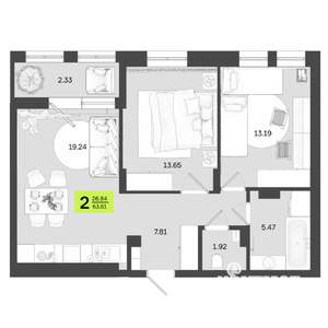 2-к квартира, сданный дом, 64м2, 2/14 этаж