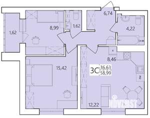 3-к квартира, строящийся дом, 59м2, 15/25 этаж