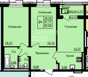 2-к квартира, вторичка, 62м2, 2/12 этаж