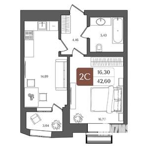 2-к квартира, строящийся дом, 43м2, 7/21 этаж