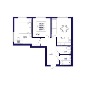 2-к квартира, строящийся дом, 60м2, 1/25 этаж