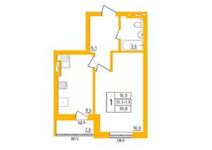 1-к квартира, строящийся дом, 36м2, 25/27 этаж