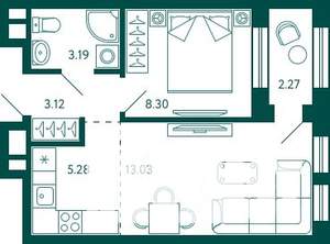 1-к квартира, строящийся дом, 34м2, 24/27 этаж