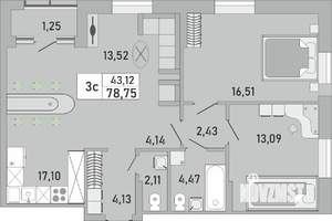3-к квартира, строящийся дом, 79м2, 9/24 этаж