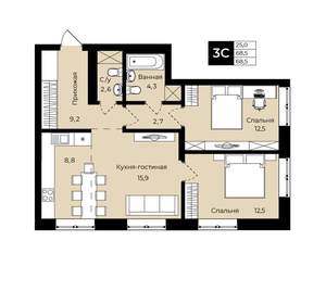 2-к квартира, вторичка, 69м2, 13/25 этаж