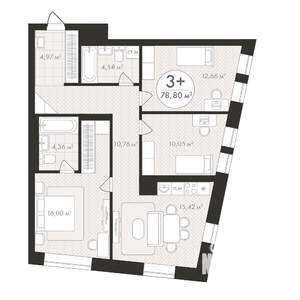 3-к квартира, вторичка, 79м2, 16/24 этаж