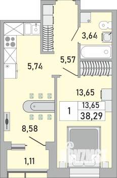 1-к квартира, строящийся дом, 38м2, 23/24 этаж